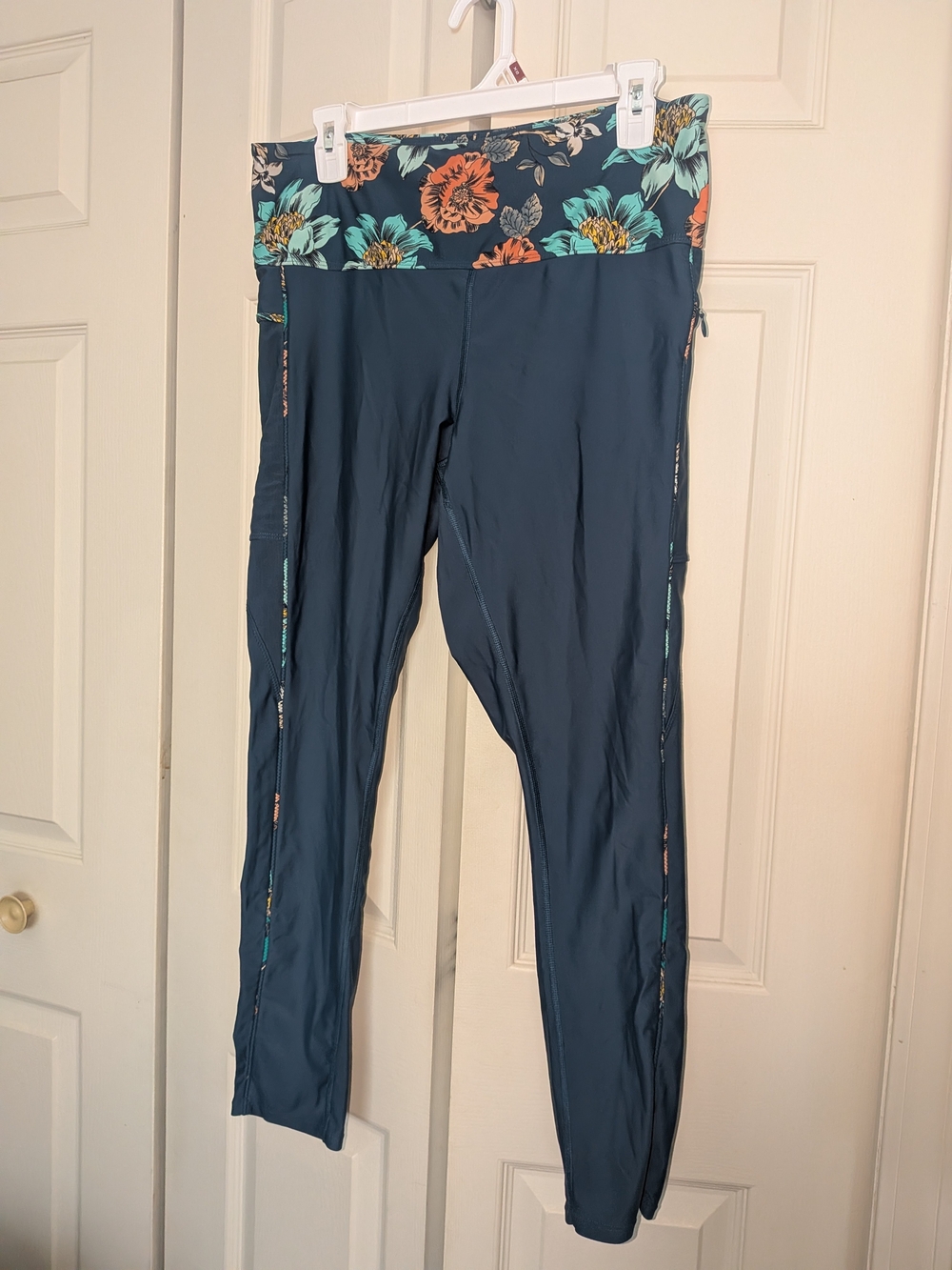 Prana Dark Teal Swim Leggings with Floral Fold-Over Waistband